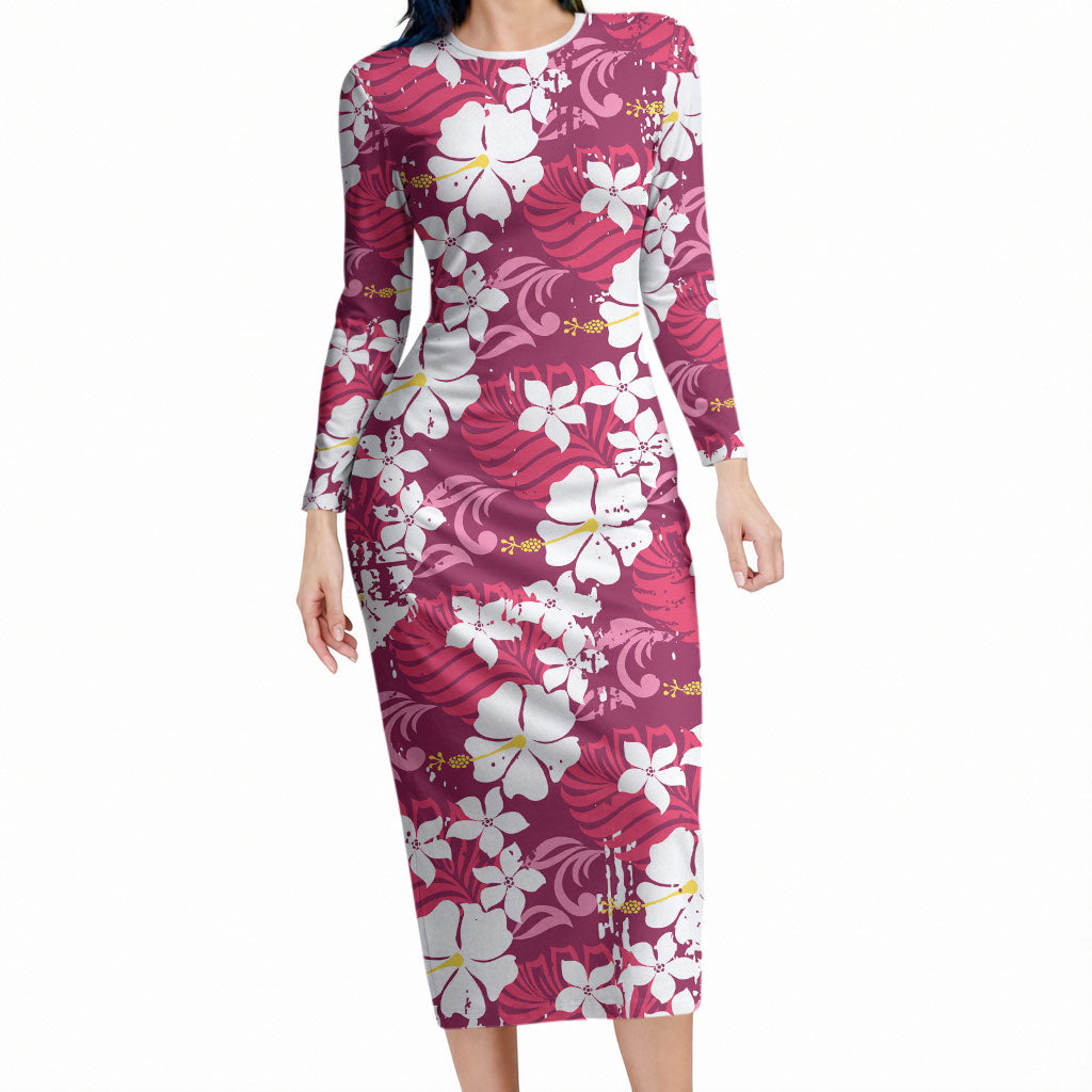 Pink Hawaiian Hibiscus Monstera Long Sleeve Bodycon Dress Grunge Stylized
