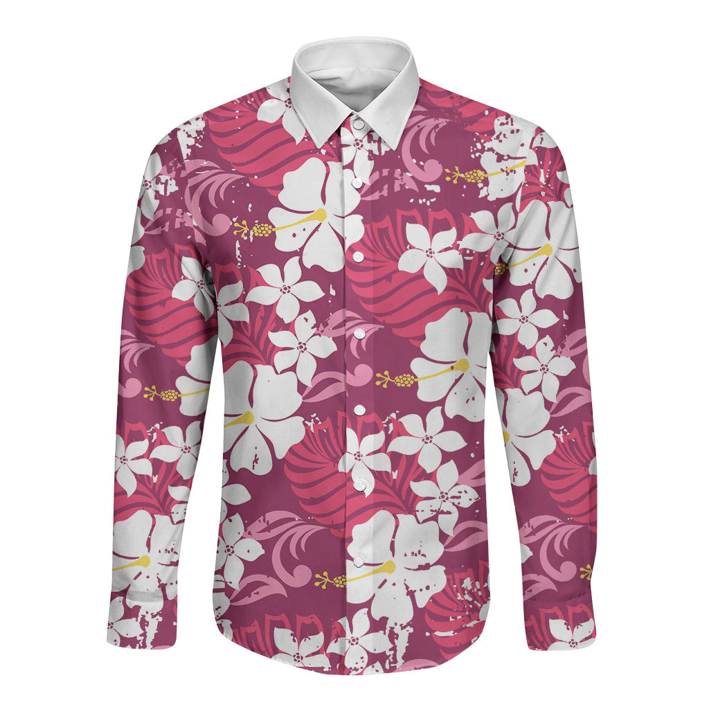 Pink Hawaiian Hibiscus Monstera Long Sleeve Button Shirt Grunge Stylized