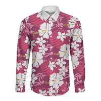 Pink Hawaiian Hibiscus Monstera Long Sleeve Button Shirt Grunge Stylized