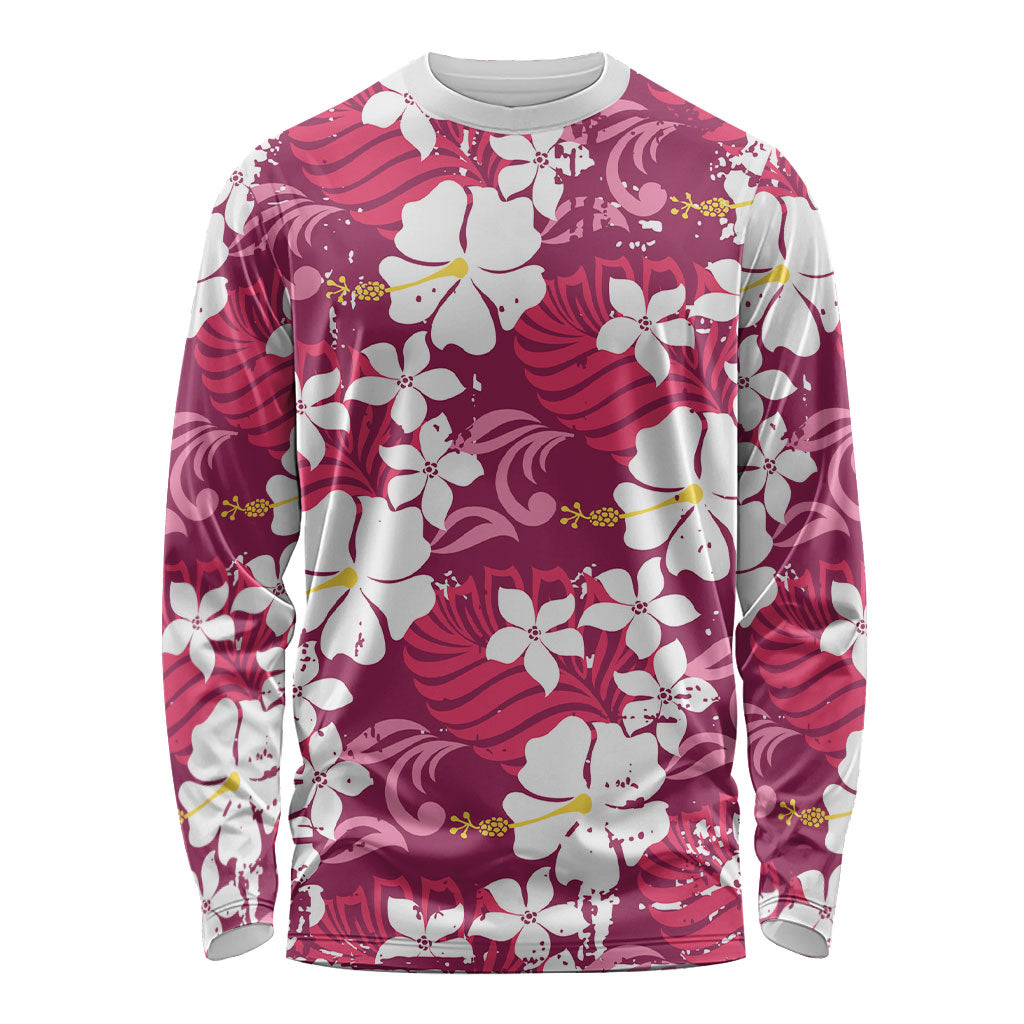 Pink Hawaiian Hibiscus Monstera Long Sleeve Shirt Grunge Stylized