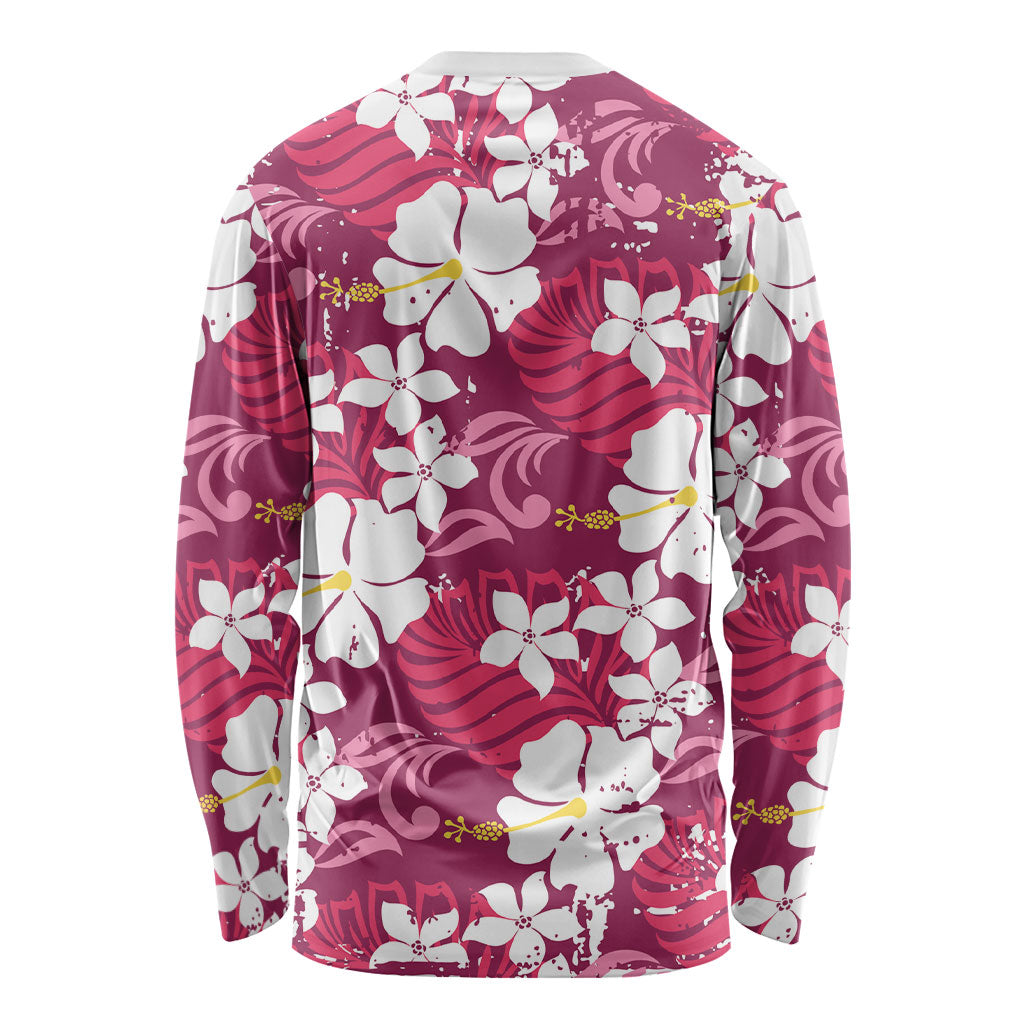 Pink Hawaiian Hibiscus Monstera Long Sleeve Shirt Grunge Stylized