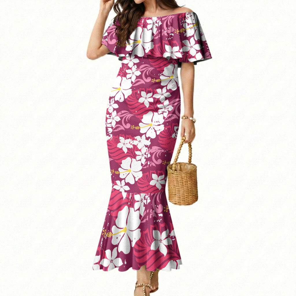 Pink Hawaiian Hibiscus Monstera Mermaid Dress Grunge Stylized LT01 Women Pink - Polynesian Pride
