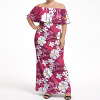 Pink Hawaiian Hibiscus Monstera Off Shoulder Maxi Dress Grunge Stylized