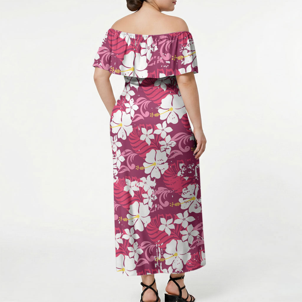 Pink Hawaiian Hibiscus Monstera Off Shoulder Maxi Dress Grunge Stylized
