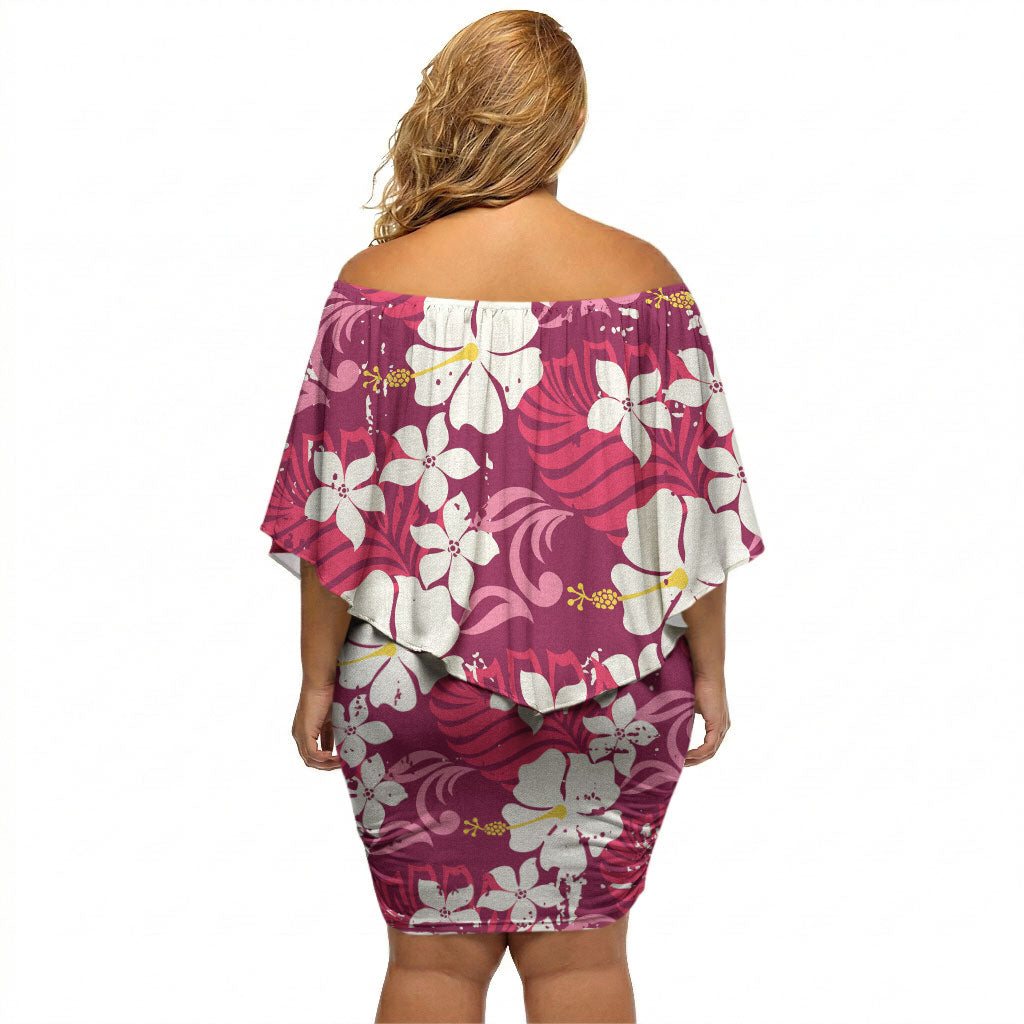 Pink Hawaiian Hibiscus Monstera Off Shoulder Short Dress Grunge Stylized LT01 - Polynesian Pride