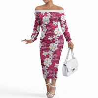 Pink Hawaiian Hibiscus Monstera Off The Shoulder Long Sleeve Dress Grunge Stylized LT01 Women Pink - Polynesian Pride