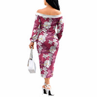 Pink Hawaiian Hibiscus Monstera Off The Shoulder Long Sleeve Dress Grunge Stylized LT01 - Polynesian Pride