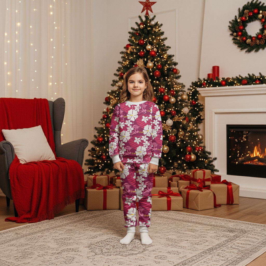 Pink Hawaiian Hibiscus Monstera Christmas Pajama Set Grunge Stylized LT01 Kid Pink - Polynesian Pride