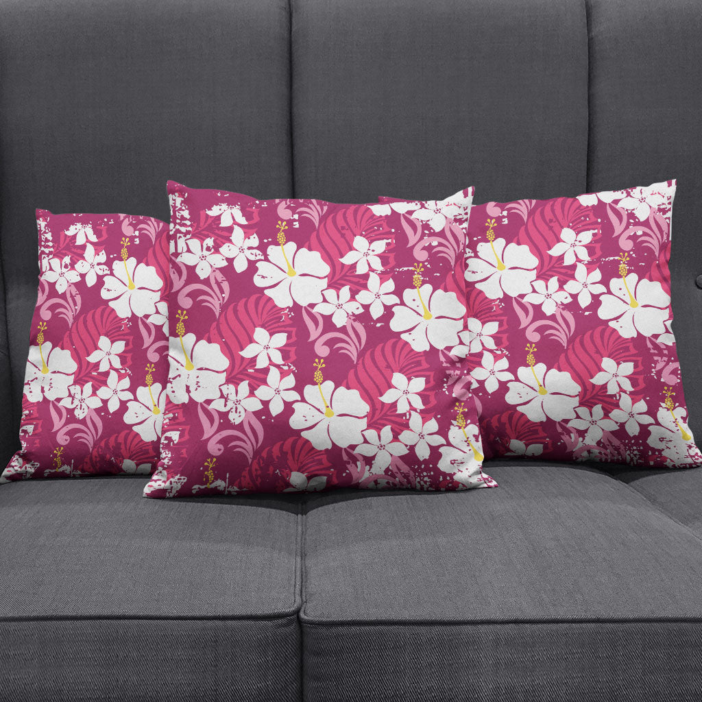 Pink Hawaiian Hibiscus Monstera Pillow Cover Grunge Stylized