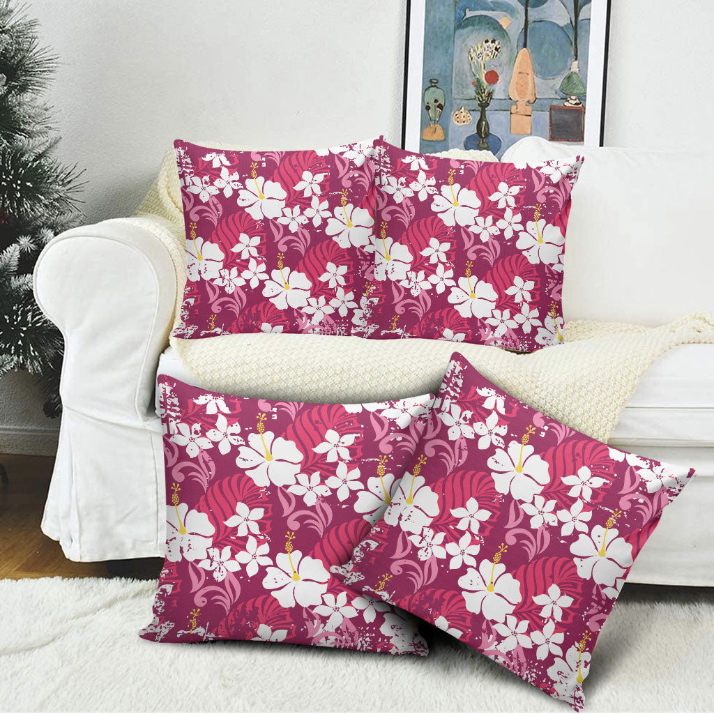 Pink Hawaiian Hibiscus Monstera Pillow Cover Grunge Stylized
