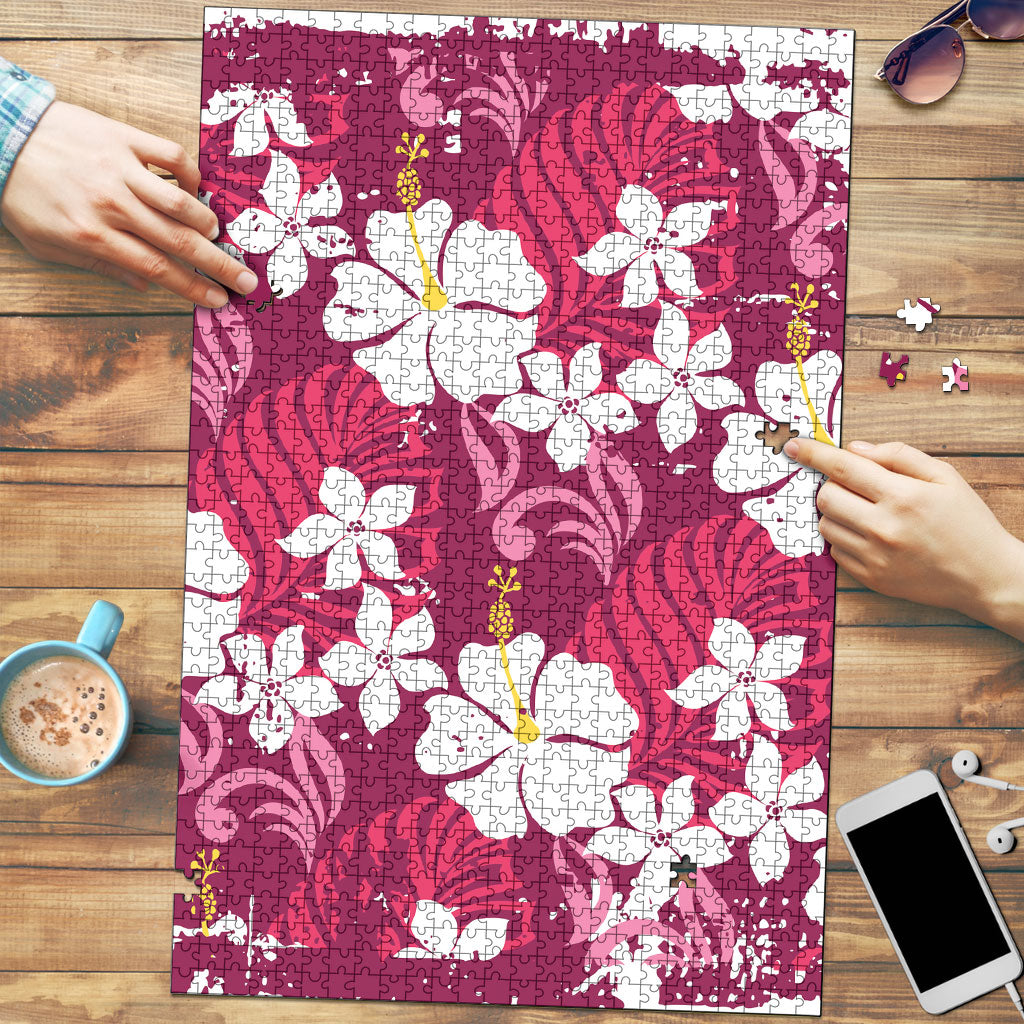 Pink Hawaiian Hibiscus Monstera Puzzle Grunge Stylized