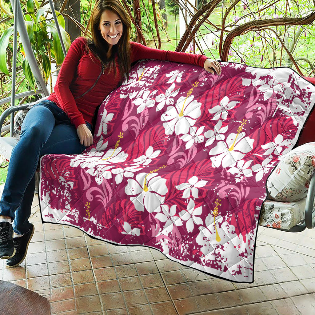 Pink Hawaiian Hibiscus Monstera Quilt Grunge Stylized