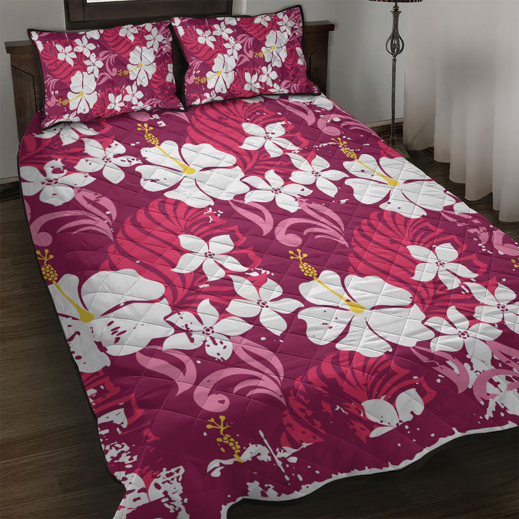 Pink Hawaiian Hibiscus Monstera Quilt Bed Set Grunge Stylized LT01 Pink - Polynesian Pride