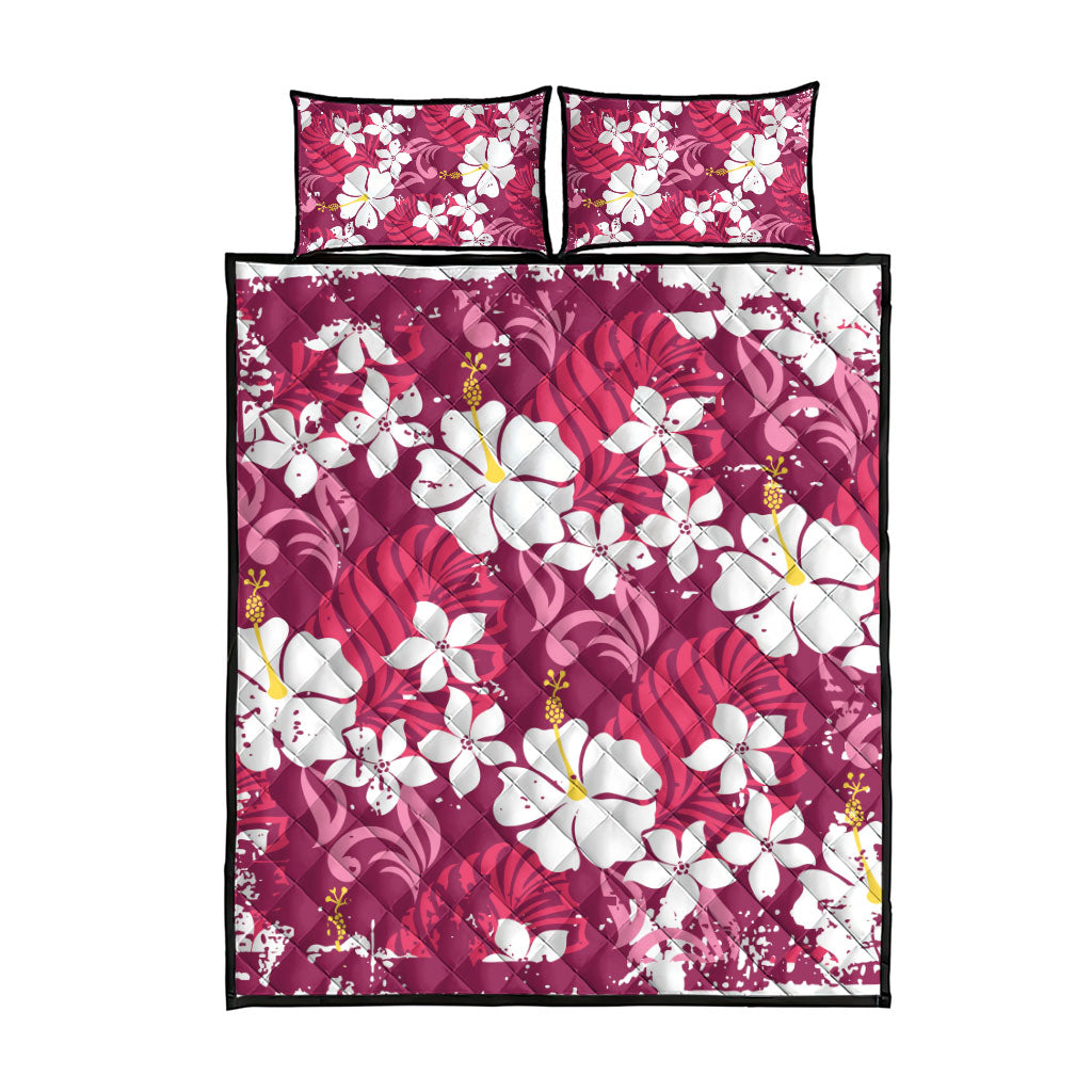 Pink Hawaiian Hibiscus Monstera Quilt Bed Set Grunge Stylized LT01 - Polynesian Pride