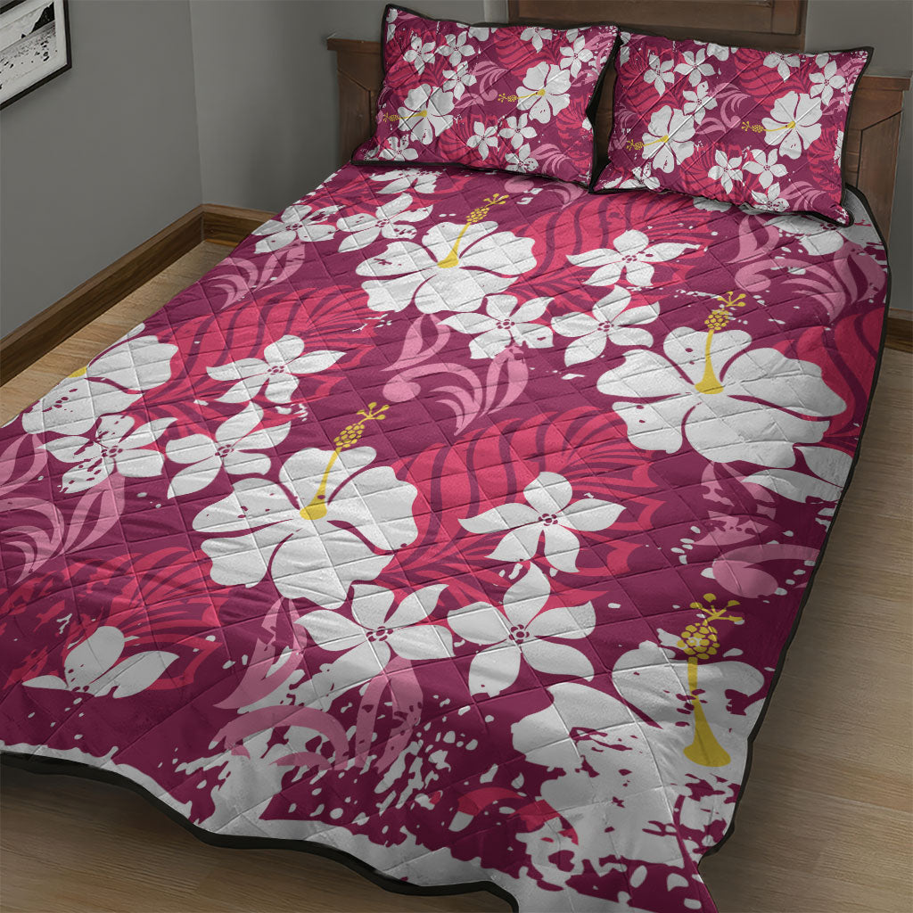 Pink Hawaiian Hibiscus Monstera Quilt Bed Set Grunge Stylized LT01 - Polynesian Pride
