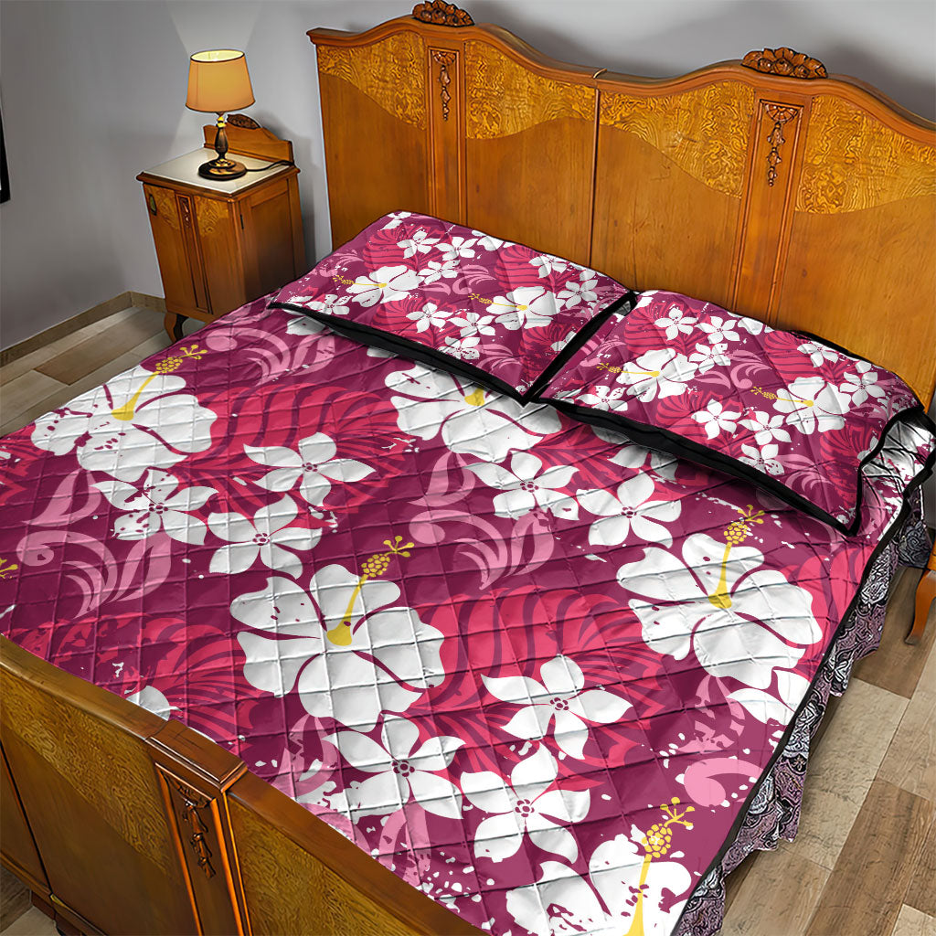 Pink Hawaiian Hibiscus Monstera Quilt Bed Set Grunge Stylized LT01 - Polynesian Pride