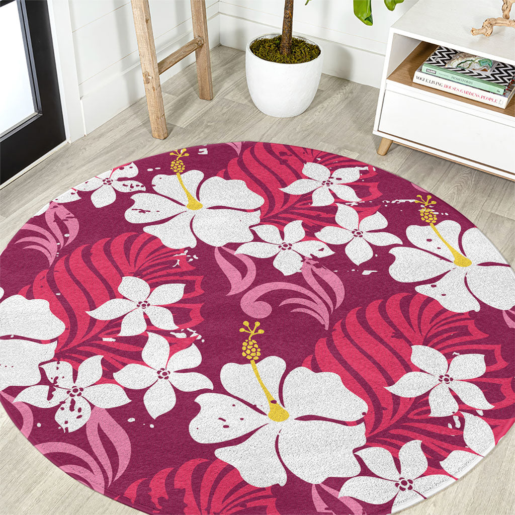 Pink Hawaiian Hibiscus Monstera Round Carpet Grunge Stylized LT01 Pink - Polynesian Pride