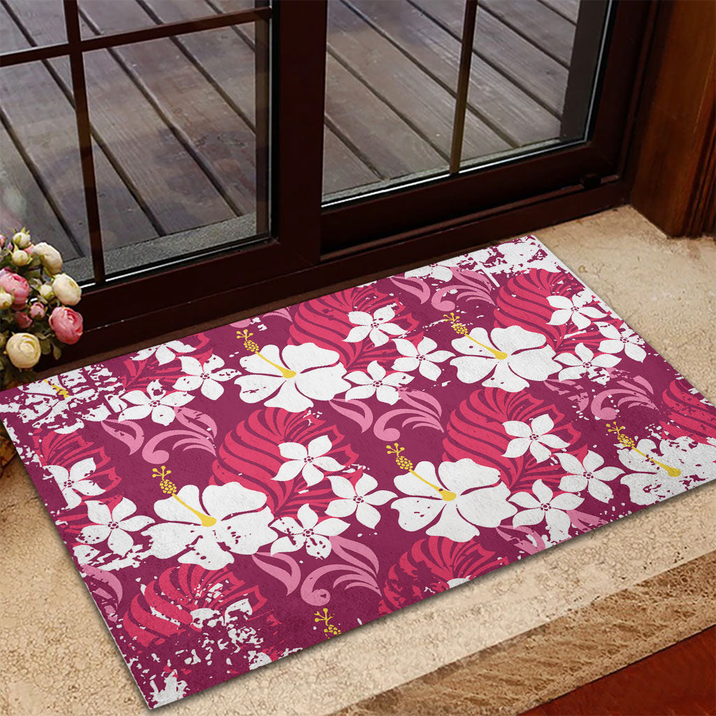 Pink Hawaiian Hibiscus Monstera Rubber Doormat Grunge Stylized