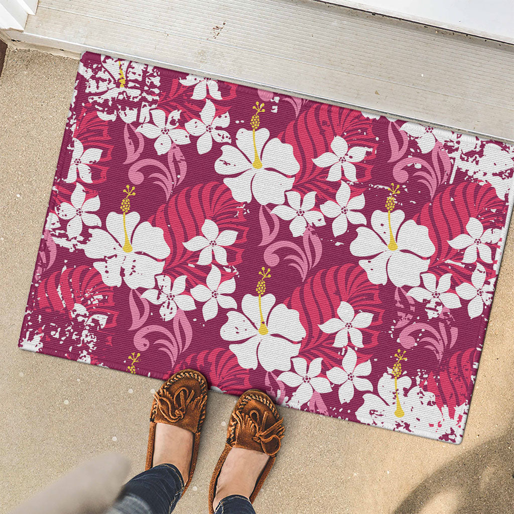 Pink Hawaiian Hibiscus Monstera Rubber Doormat Grunge Stylized