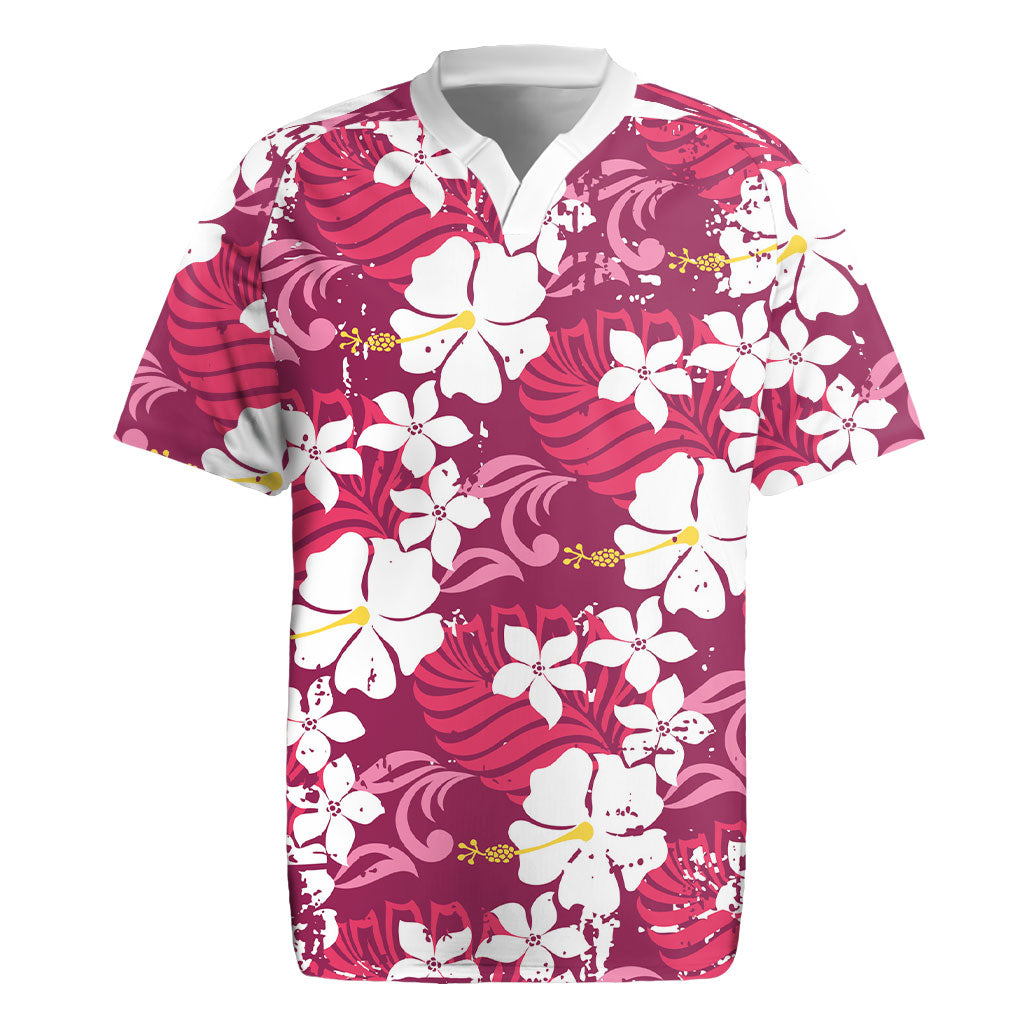Pink Hawaiian Hibiscus Monstera Rugby Jersey Grunge Stylized