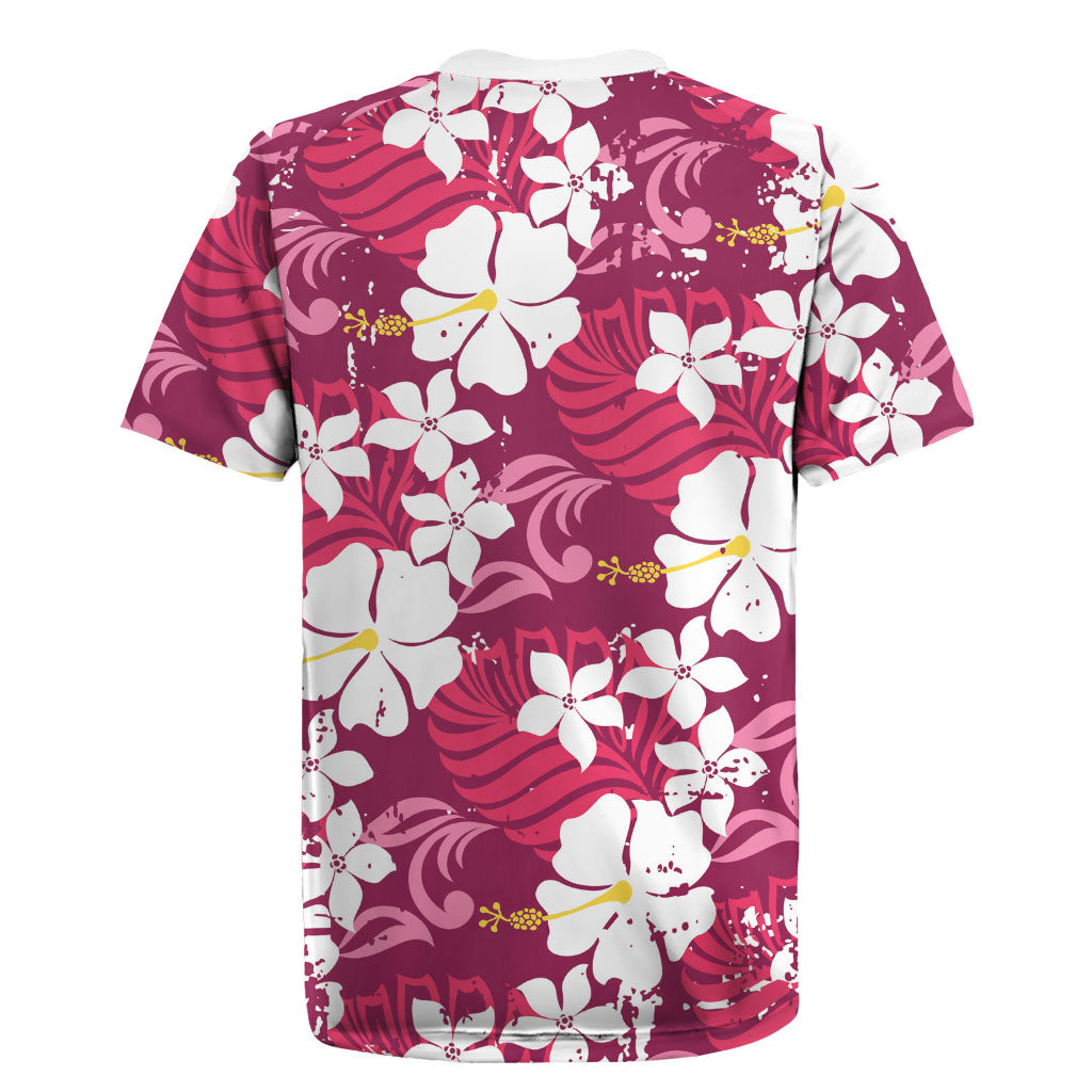 Pink Hawaiian Hibiscus Monstera Rugby Jersey Grunge Stylized