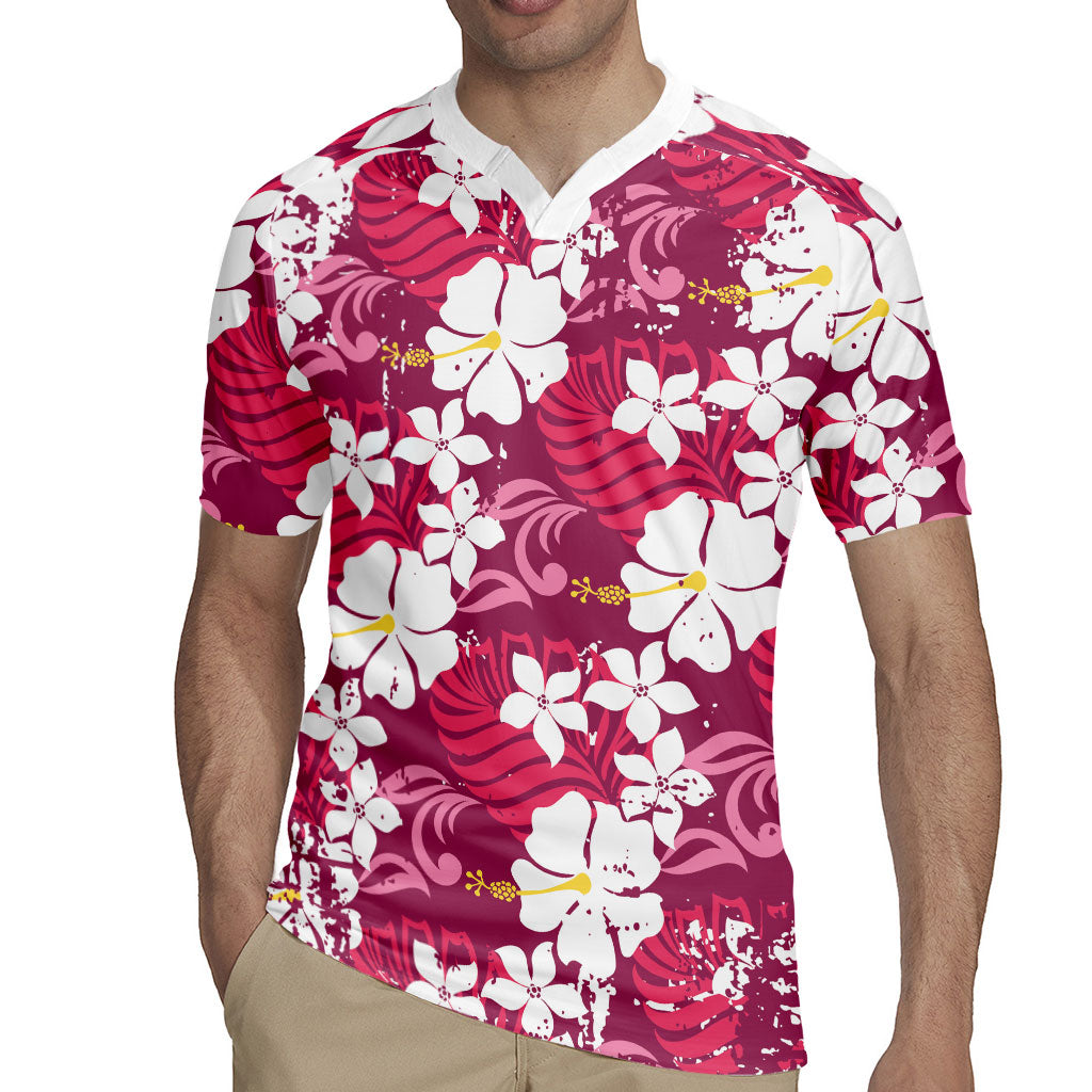 Pink Hawaiian Hibiscus Monstera Rugby Jersey Grunge Stylized