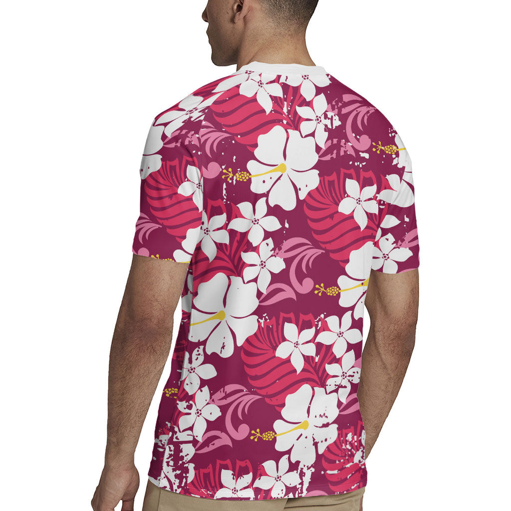 Pink Hawaiian Hibiscus Monstera Rugby Jersey Grunge Stylized