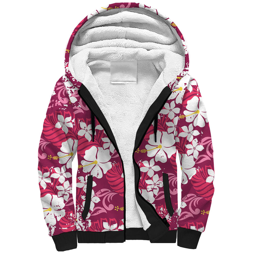 Pink Hawaiian Hibiscus Monstera Sherpa Hoodie Grunge Stylized