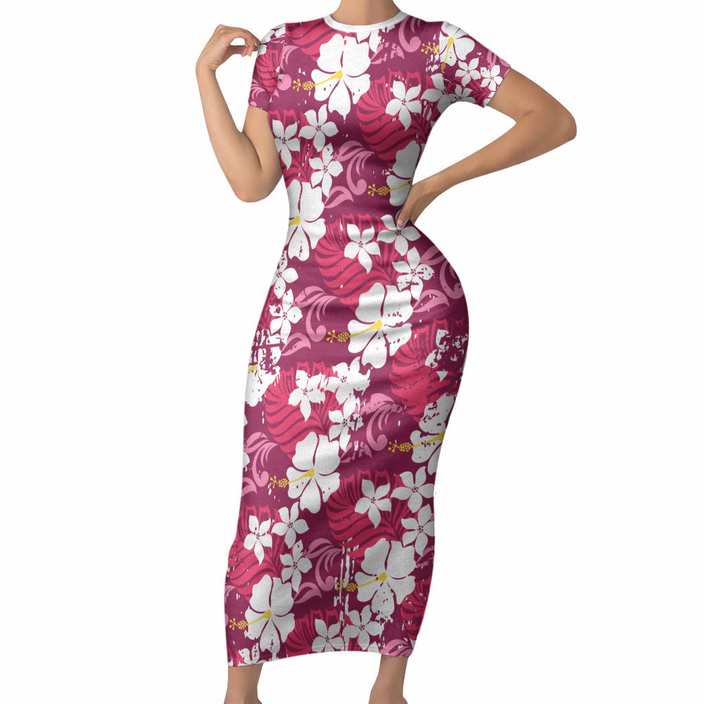 Pink Hawaiian Hibiscus Monstera Short Sleeve Bodycon Dress Grunge Stylized