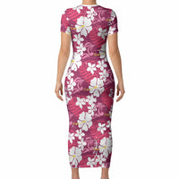 Pink Hawaiian Hibiscus Monstera Short Sleeve Bodycon Dress Grunge Stylized