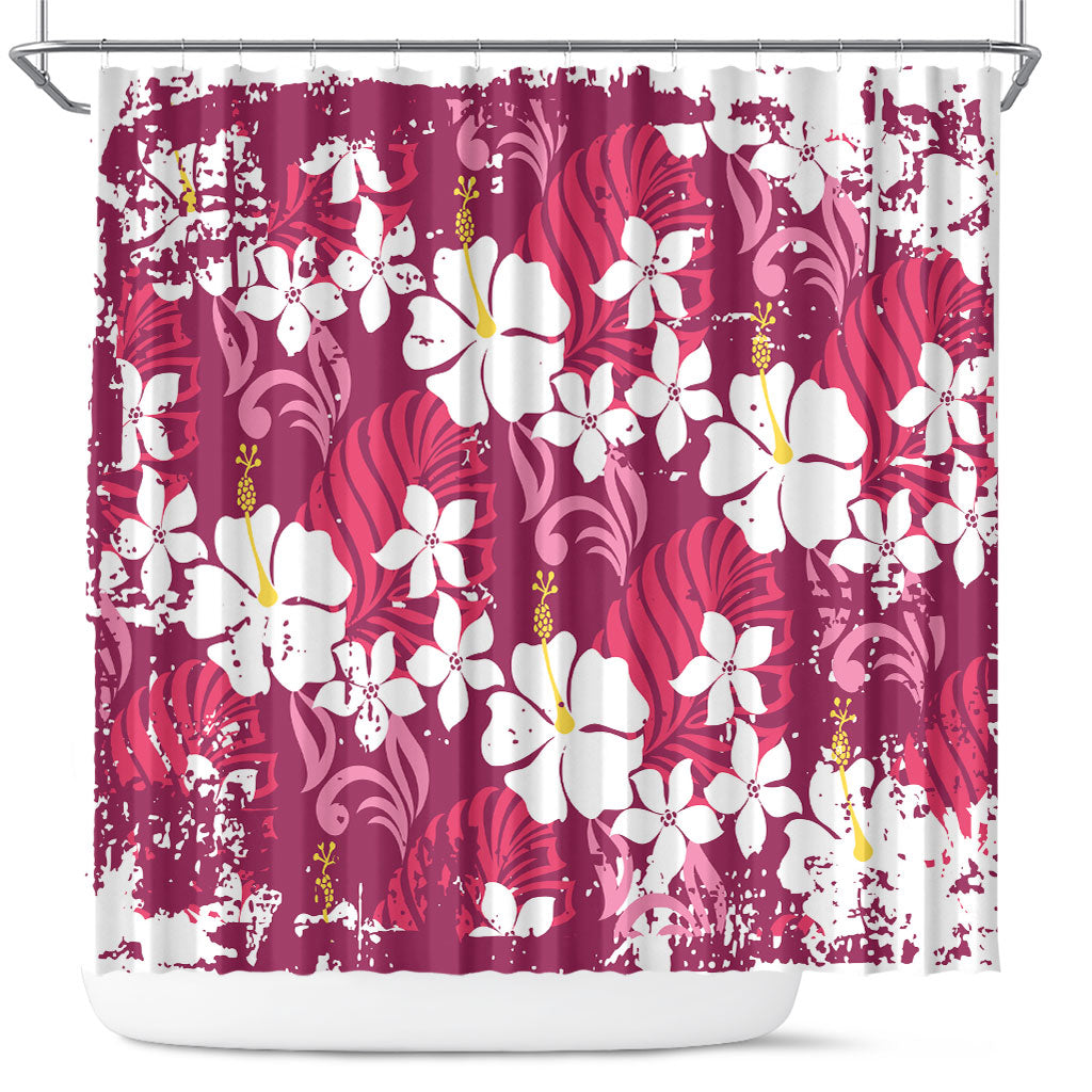 Pink Hawaiian Hibiscus Monstera Shower Curtain Grunge Stylized