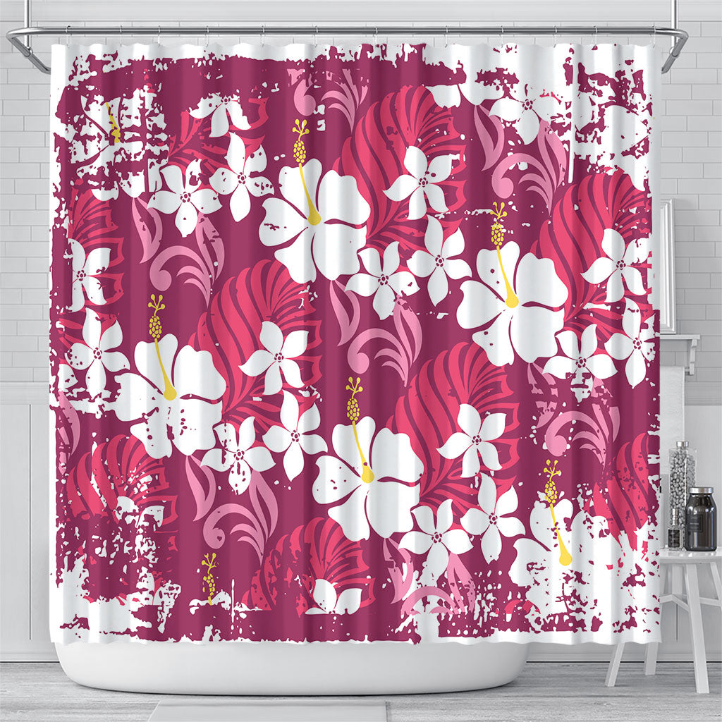 Pink Hawaiian Hibiscus Monstera Shower Curtain Grunge Stylized