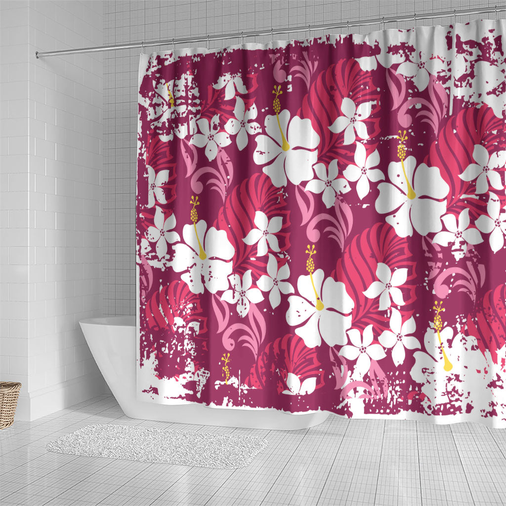 Pink Hawaiian Hibiscus Monstera Shower Curtain Grunge Stylized