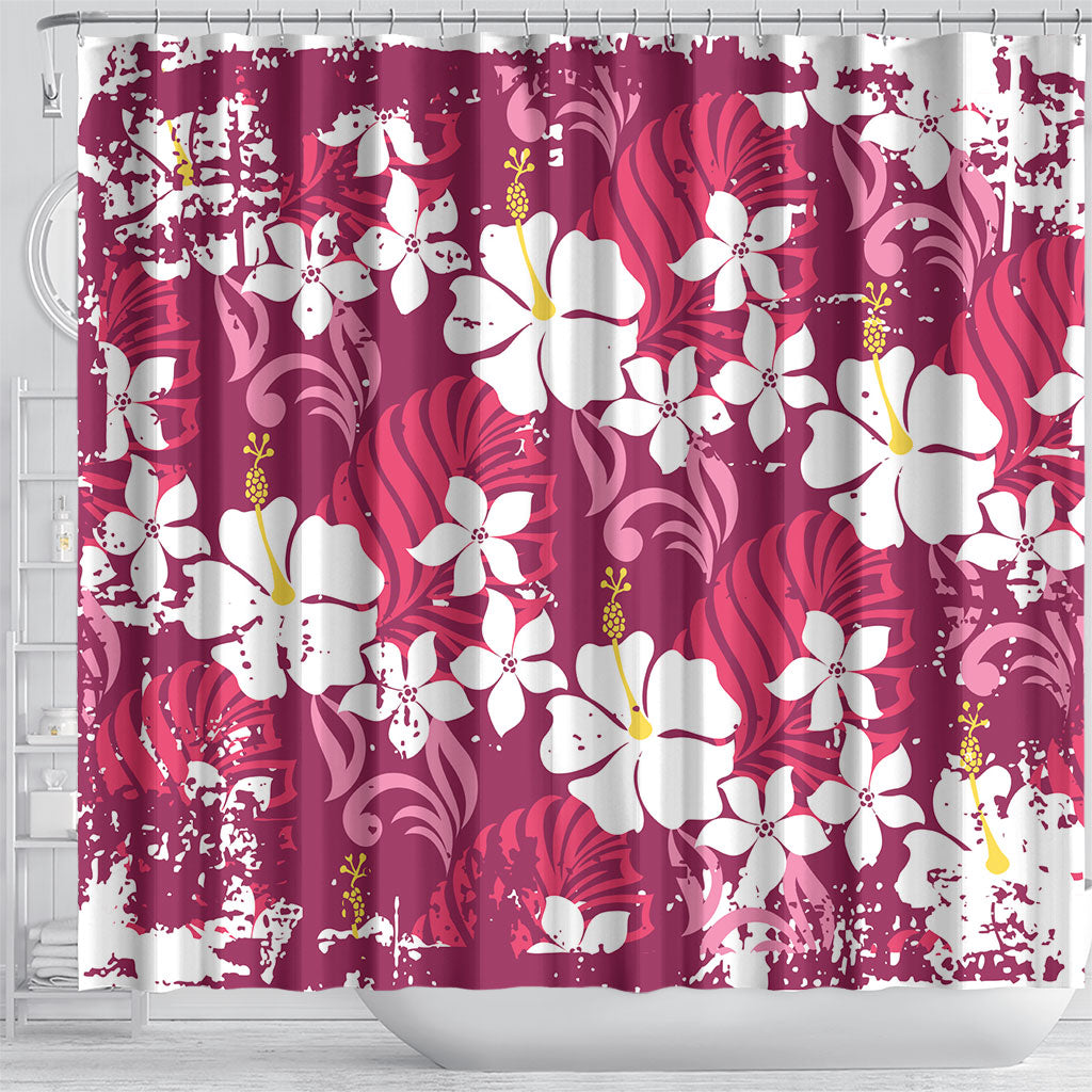 Pink Hawaiian Hibiscus Monstera Shower Curtain Grunge Stylized