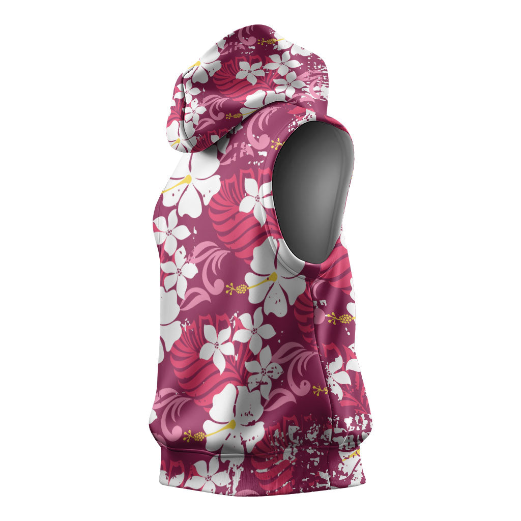 Pink Hawaiian Hibiscus Monstera Sleeveless Hoodie Grunge Stylized LT01 - Polynesian Pride