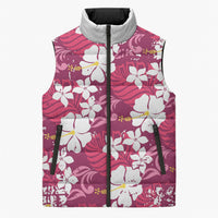 Pink Hawaiian Hibiscus Monstera Sleeveless Puffer Jacket Grunge Stylized