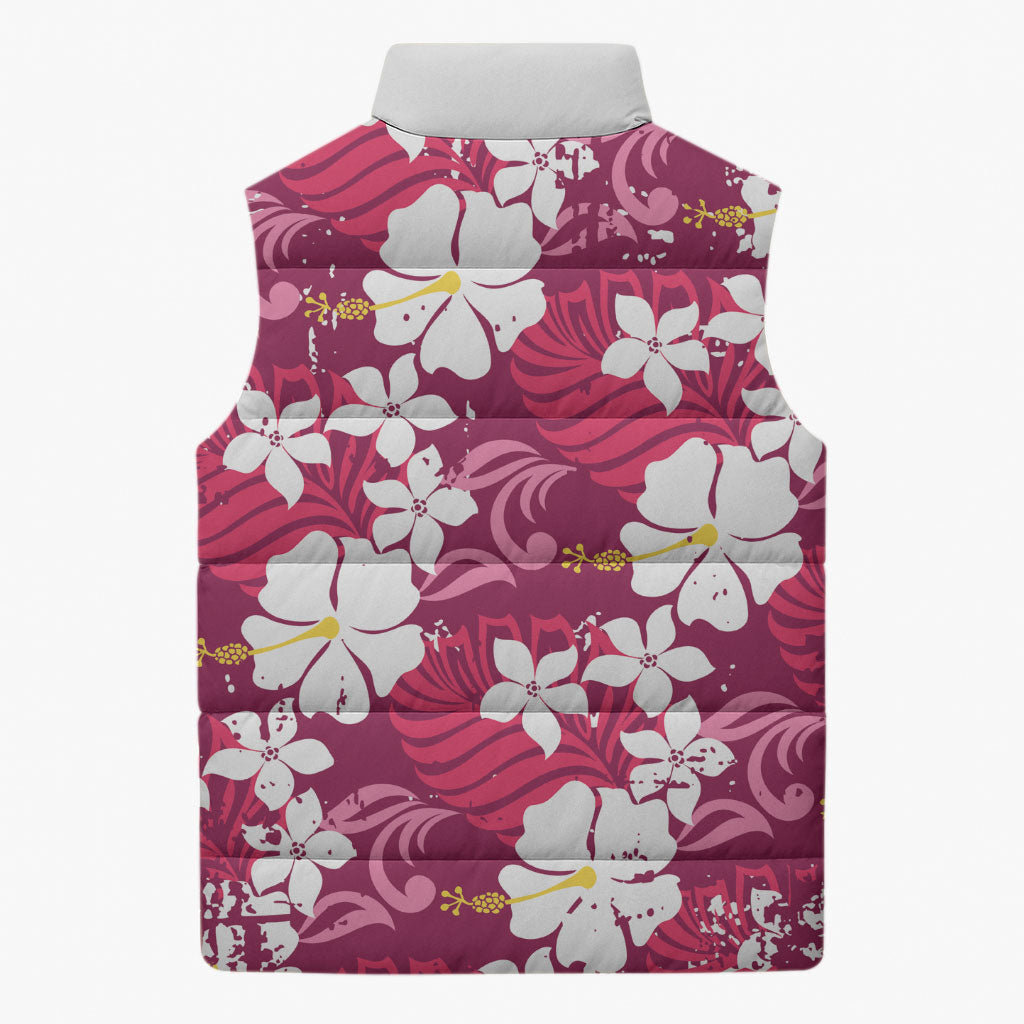 Pink Hawaiian Hibiscus Monstera Sleeveless Puffer Jacket Grunge Stylized