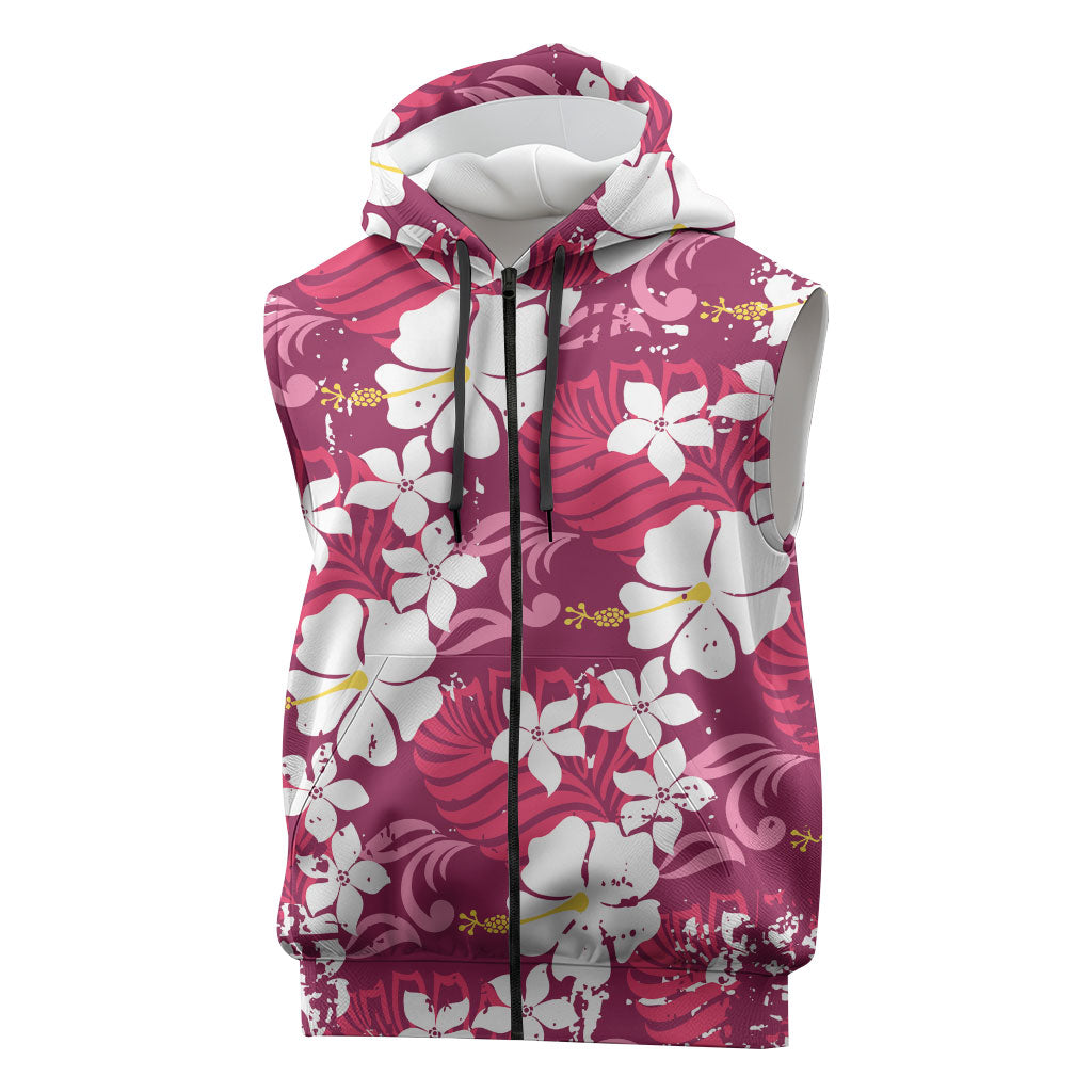 Pink Hawaiian Hibiscus Monstera Sleeveless Zip Hoodie Grunge Stylized