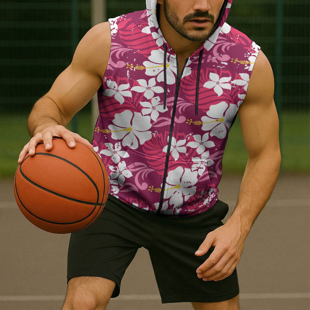 Pink Hawaiian Hibiscus Monstera Sleeveless Zip Hoodie Grunge Stylized