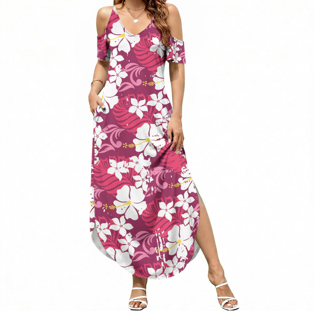 Pink Hawaiian Hibiscus Monstera Summer Maxi Dress Grunge Stylized