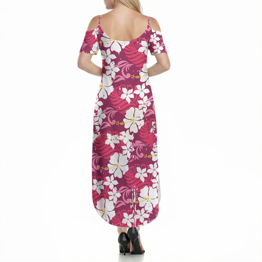 Pink Hawaiian Hibiscus Monstera Summer Maxi Dress Grunge Stylized