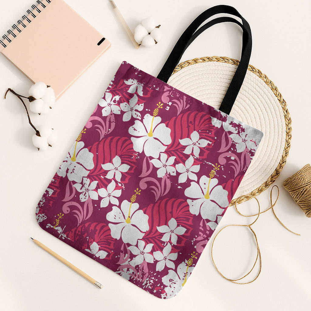 Pink Hawaiian Hibiscus Monstera Tote Bag Grunge Stylized