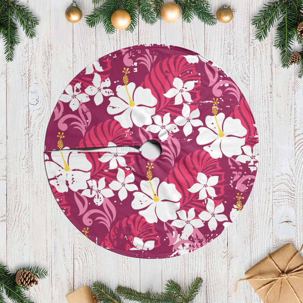 Pink Hawaiian Hibiscus Monstera Tree Skirt Grunge Stylized