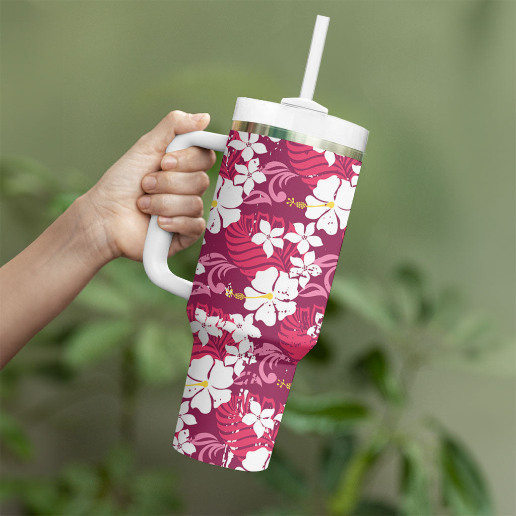 Pink Hawaiian Hibiscus Monstera Tumbler With Handle Grunge Stylized LT01 - Polynesian Pride