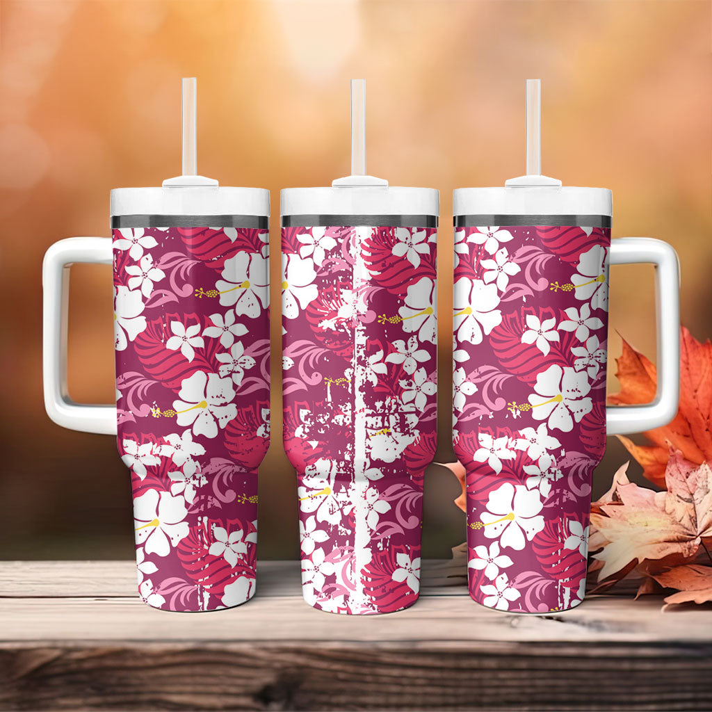 Pink Hawaiian Hibiscus Monstera Tumbler With Handle Grunge Stylized LT01 - Polynesian Pride