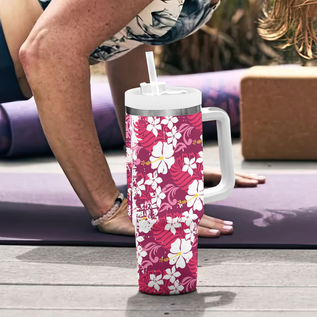 Pink Hawaiian Hibiscus Monstera Tumbler With Handle Grunge Stylized LT01 - Polynesian Pride