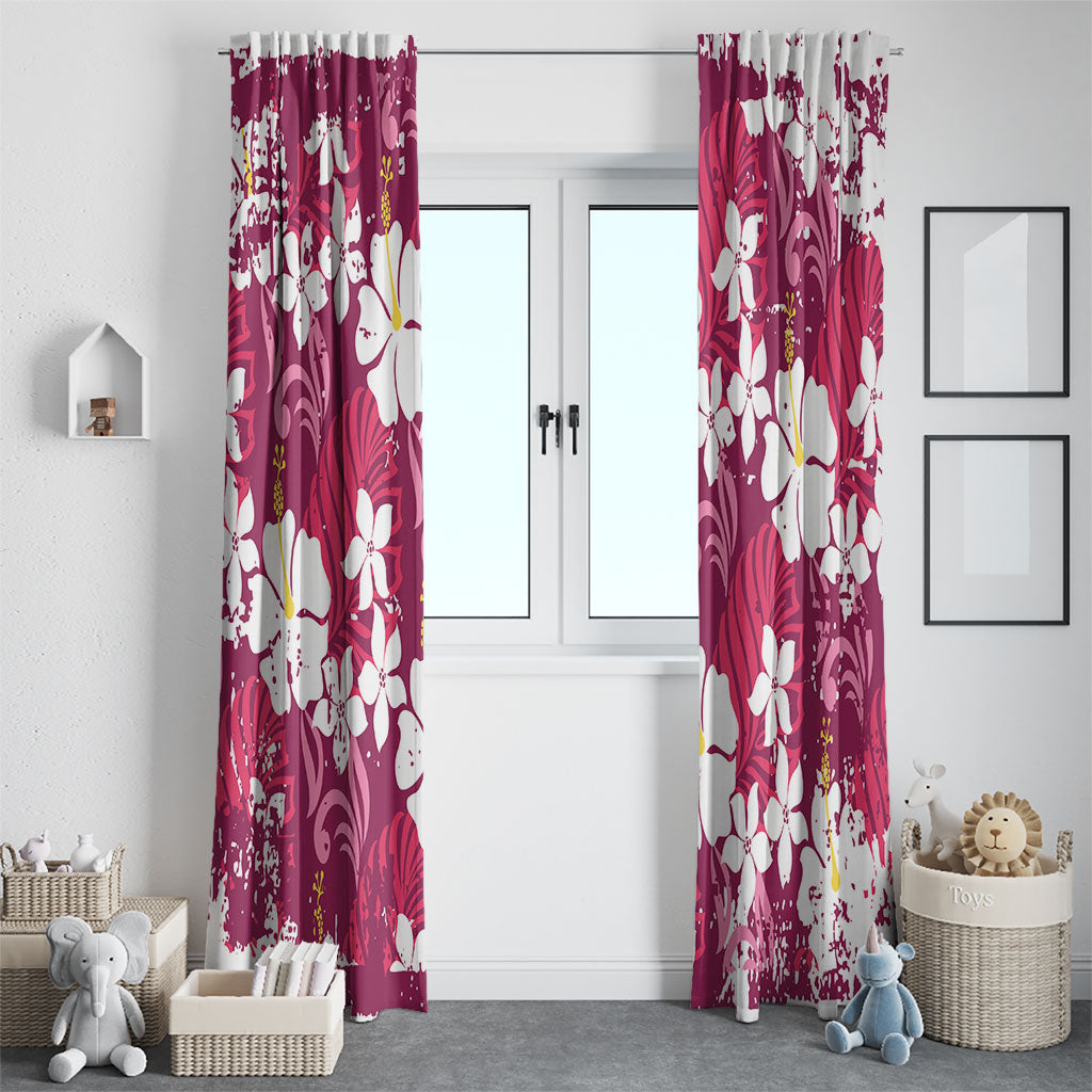 Pink Hawaiian Hibiscus Monstera Window Curtain Grunge Stylized