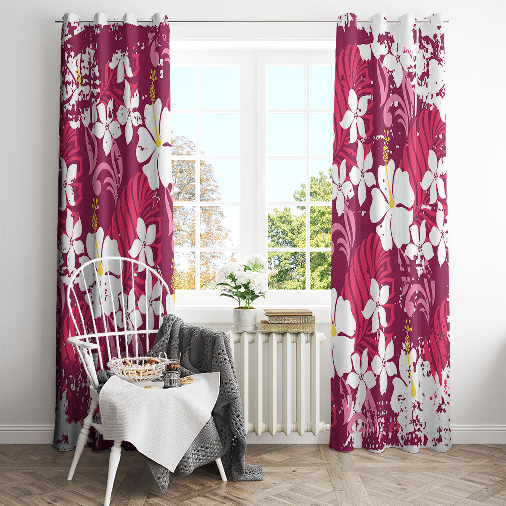Pink Hawaiian Hibiscus Monstera Window Curtain Grunge Stylized