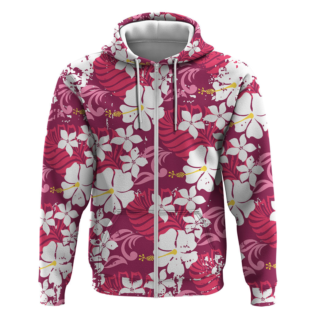 Pink Hawaiian Hibiscus Monstera Zip Hoodie Grunge Stylized