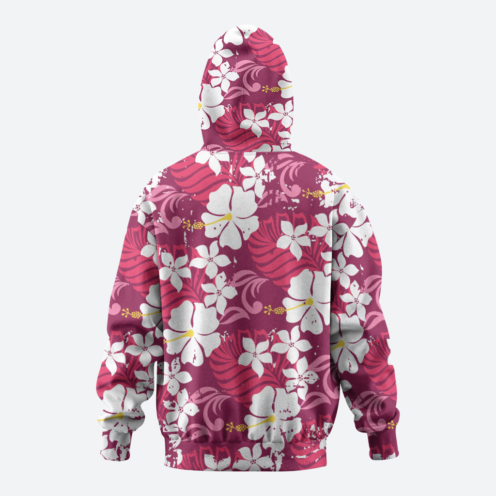 Pink Hawaiian Hibiscus Monstera Zip Hoodie Grunge Stylized